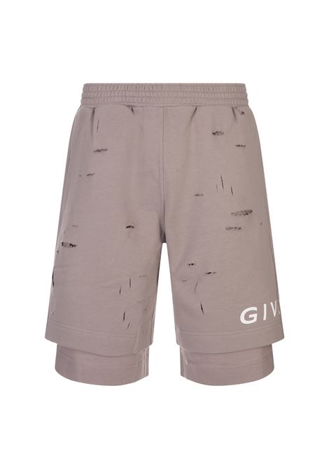 Taupe Destroyed Track Bermuda Shorts With Logo GIVENCHY | Trousers | BM51613Y8Y281