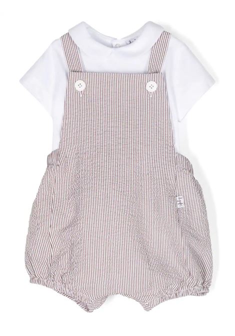 White and Brown Two Piece Set with Seersucker Dungarees IL GUFO | P24DP482C1080168