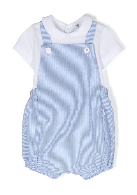White and Light Blue Two Piece Set with Seersucker Dungarees IL GUFO | P24DP482C1080431