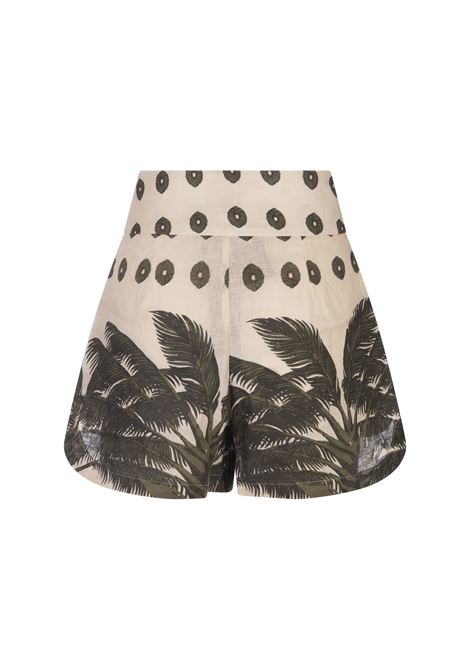 Tomaso Linen Shorts In Cream With Mini Palms In Green JUAN DE DIOS | RE24-40010CRE
