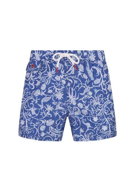 Blue Swim Shorts With White Fantasy Print KITON | UCOM2CK0745D03