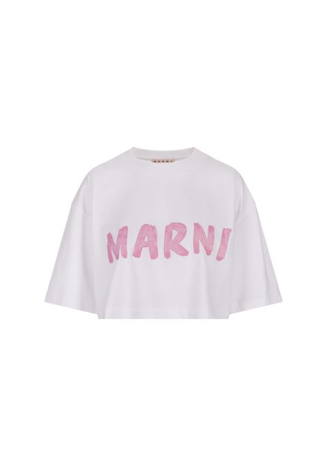 White Crop T-Shirt With Pink Brushed Logo MARNI | THJE0301P1-USCS11L5W01