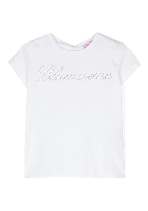 White T-Shirt With Rhinestone Logo And Ruffle Detail MISS BLUMARINE KIDS | IA4050J500310602