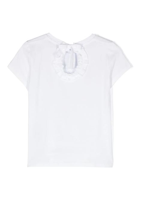 T-Shirt Bianca Con Logo Di Strass e Dettaglio Ruches MISS BLUMARINE KIDS | IA4050J500310602