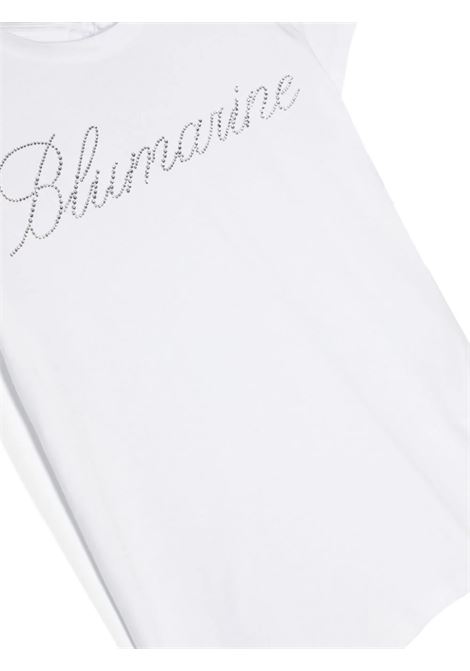 T-Shirt Bianca Con Logo Di Strass e Dettaglio Ruches MISS BLUMARINE KIDS | IA4050J500310602