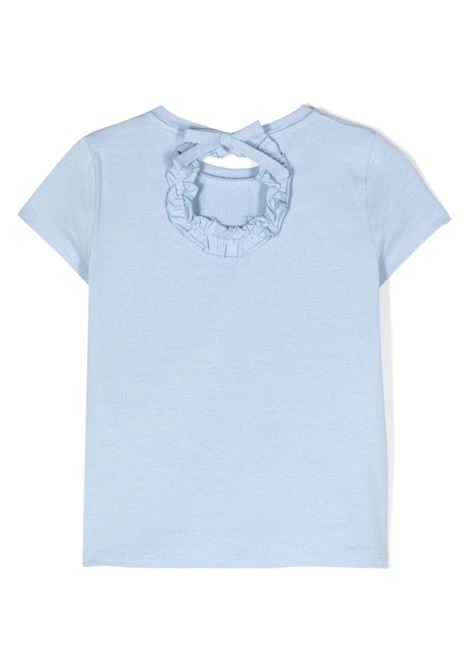 Light Blue T-Shirt With Rhinestone Logo And Ruffle Detail MISS BLUMARINE KIDS | IA4050J5003X0484