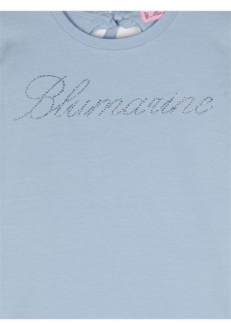 Light Blue T-Shirt With Rhinestone Logo And Ruffle Detail MISS BLUMARINE KIDS | IA4050J5003X0484