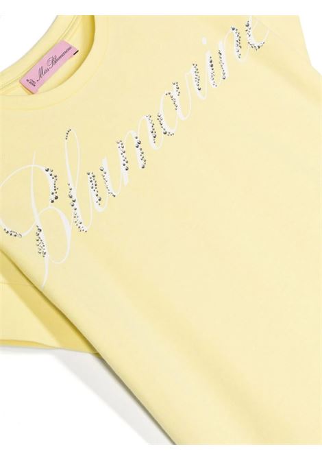 Pastel Yellow T-Shirt With Logo Print With Rhinestones MISS BLUMARINE KIDS | IA4135J5003X0566
