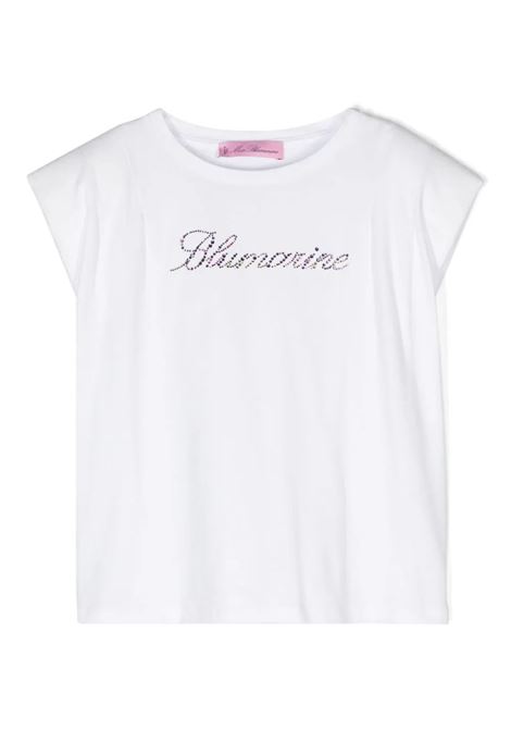 White T-Shirt With Multicolor Rhinestone Logo MISS BLUMARINE KIDS | IA4157J500310602