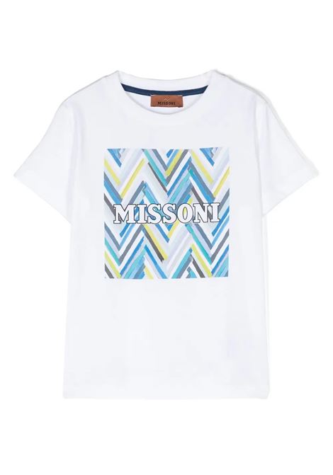 White T-Shirt With Blue Chevron Print MISSONI KIDS | MU8Q81-J0177100MC