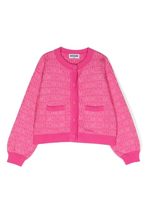 Fuchsia Cardigan With All-Over Logo MOSCHINO KIDS | Knitwear | HDW020LHE5886197