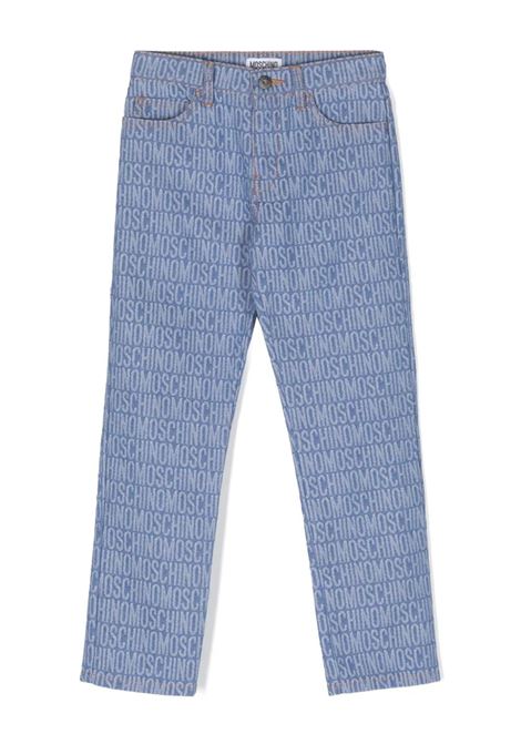 Blue Straight Leg Jeans With All-Over Logo MOSCHINO KIDS | Trousers | HMP05XL0E2886198