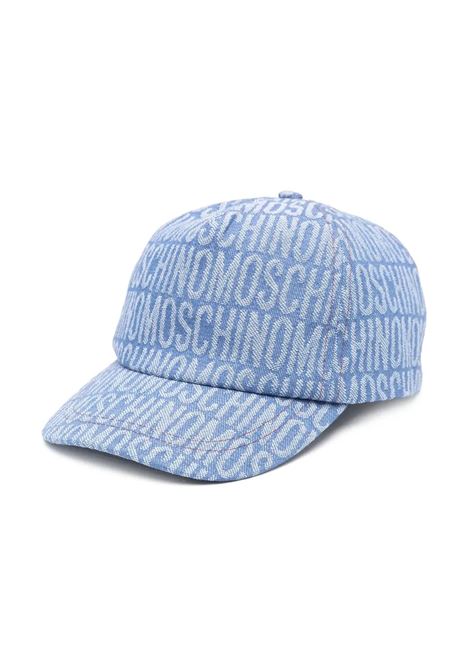 Blue Denim Baseball Hat With All-Over Logo MOSCHINO KIDS | Hats | HRX01NL0E2886198