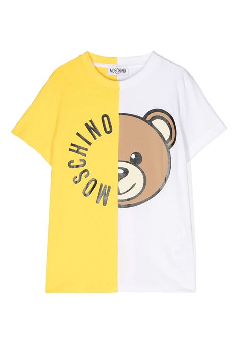 White and Yellow T-Shirt With Moschino Teddy Bear Circular Print MOSCHINO KIDS | HUM04ILAA0250162