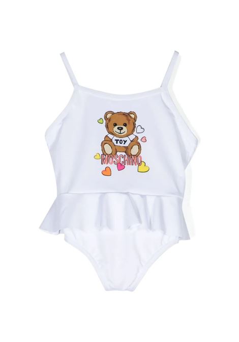 White One Piece Swimsuit With Teddy Bear And Logo MOSCHINO KIDS | MDL00NLKA0010101