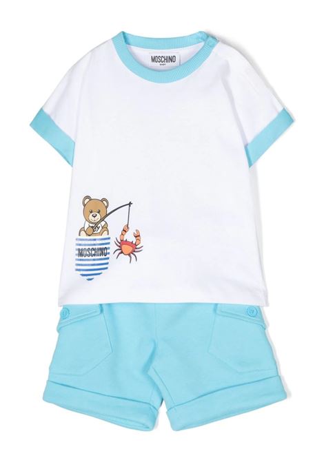 T-Shirt and Shorts Set In White and Light Blue With Moschino Teddy Bear Fishing MOSCHINO KIDS | MUG018LCA7540538