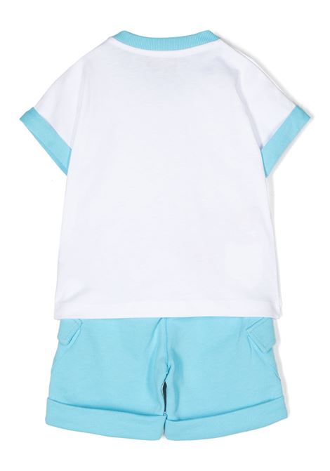 T-Shirt and Shorts Set In White and Light Blue With Moschino Teddy Bear Fishing MOSCHINO KIDS | MUG018LCA7540538