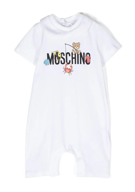 Short White Playsuit With Logo and Teddy Bear With Fish MOSCHINO KIDS | MUT03WLAA0210101