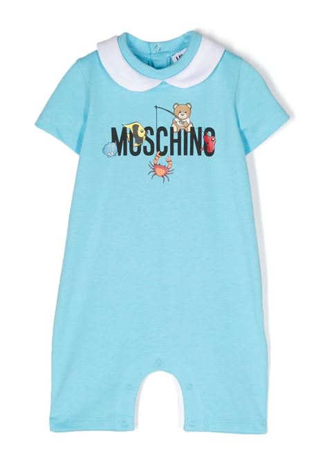 Short Light Blue Playsuit With Logo and Teddy Bear With Fish MOSCHINO KIDS | Dress And Jumpsuit | MUT03WLAA0240538