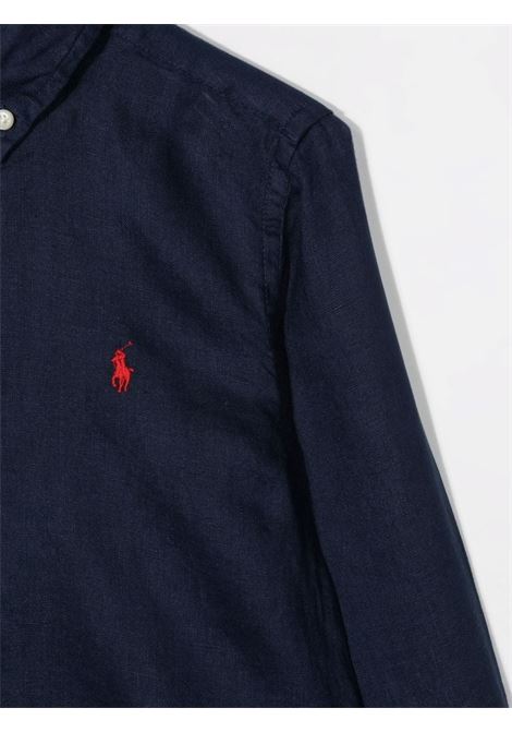 Navy Blue Linen Shirt With Embroidered Pony RALPH LAUREN KIDS | 322-865270006