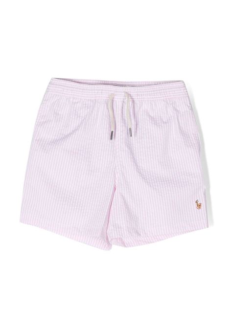 Pink Striped Swim Shorts With Pony RALPH LAUREN KIDS | 322-903434002