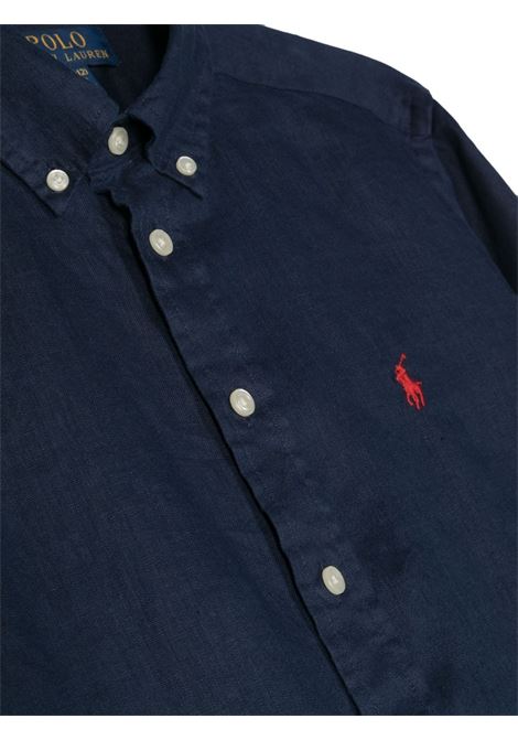 Navy Blue Linen Shirt With Embroidered Pony RALPH LAUREN KIDS | 323-865270006