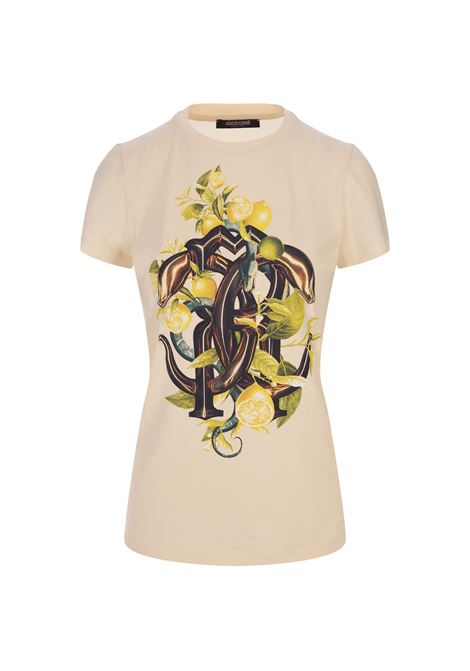 T-Shirt Avorio Con Stampa Limoni e Snake ROBERTO CAVALLI | SKT60C-JD06109088