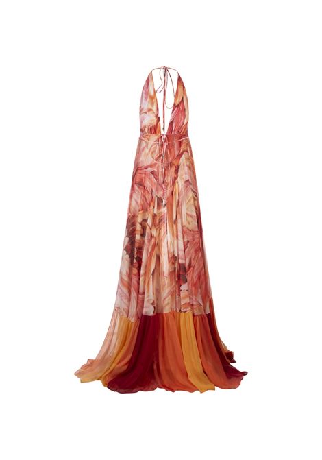 Long Sleeveless Silk Dress With Orange Plumage Print ROBERTO CAVALLI | SWT132-CTL7101505