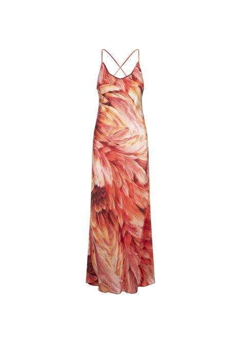Long Dress With Straps and Plumage Print In Orange ROBERTO CAVALLI | SWT151-4QL7101505