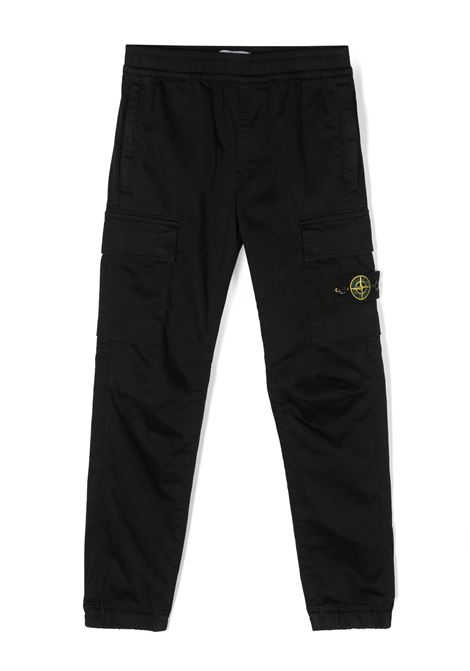 Black Cotton and Silk Satin Cargo Trousers STONE ISLAND JUNIOR | 801631212V0029