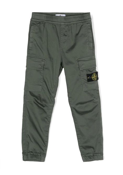 Green Cotton and Silk Satin Cargo Trousers STONE ISLAND JUNIOR | 801631212V0058