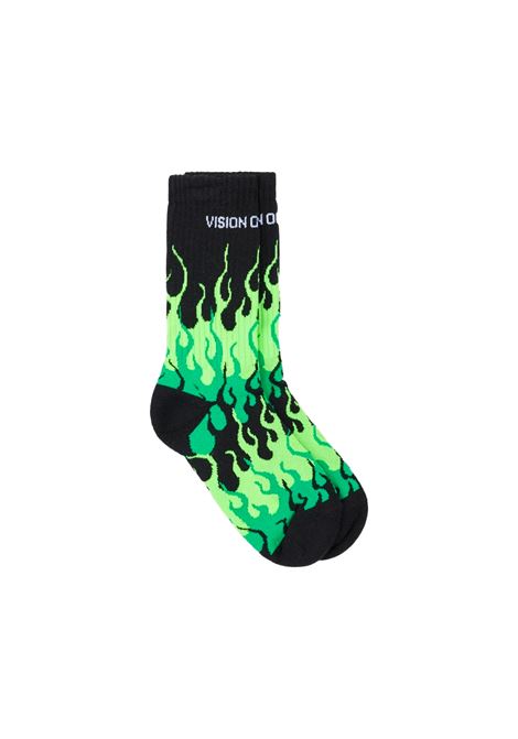 Black Socks With Triple Green Flame VISION OF SUPER | VSA01008BLACK
