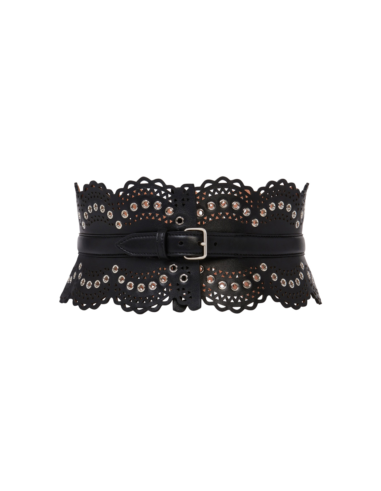 Black Perforated Leather Bustier Belt With Eyelets - ALAIA