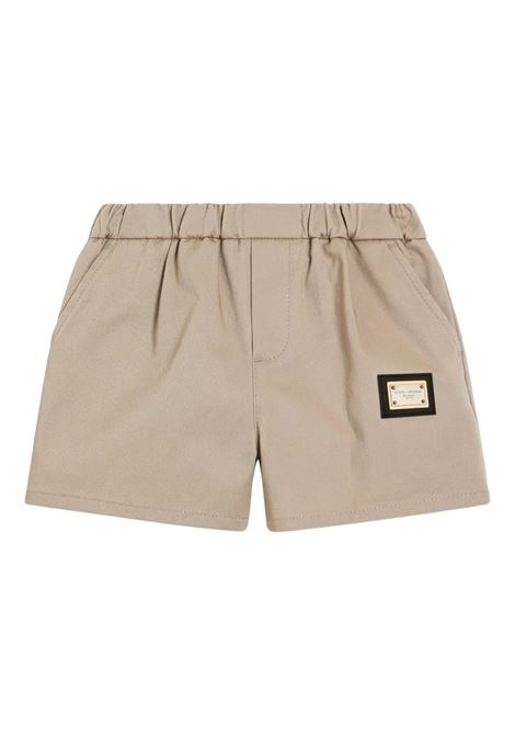 Beige Gabardine Bermuda Shorts with Plaque DOLCE & GABBANA KIDS | Trousers | L13Q91-FUFL3M0208