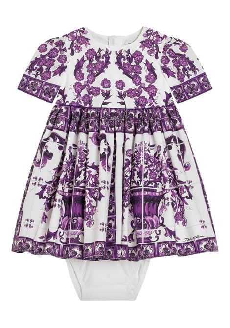 White Poplin Dress with All-Over Purple Majolica Print DOLCE & GABBANA KIDS | Dress And Jumpsuit | L24DH6-HH5EPI13TN