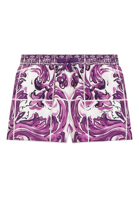 Poplin Shorts with Purple Majolica Print DOLCE & GABBANA KIDS | Trousers | L53Q41-FI5JOH25DQ