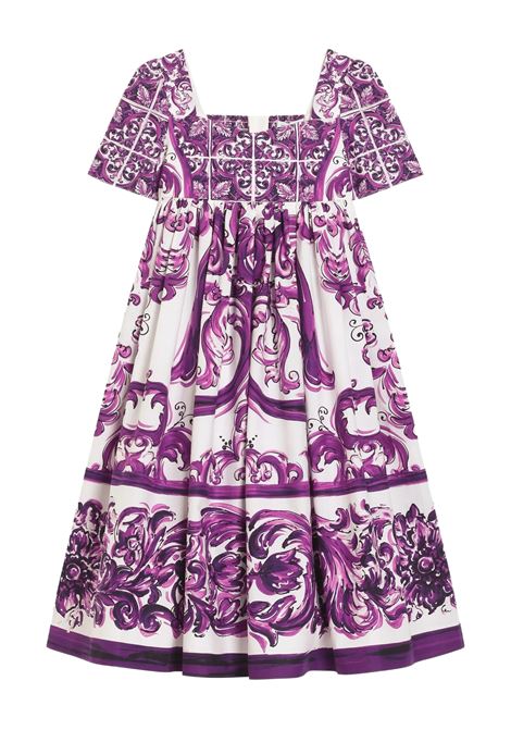 Abito In Popleine Con Stampa Maiolica Viola DOLCE & GABBANA KIDS | vestitini e tutine | L54DH3-FI5JPHP5DQ