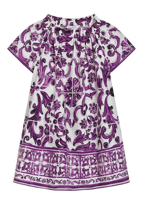 Short-Sleeved Poplin Dress with Purple Maiolica Print DOLCE & GABBANA KIDS | Dress And Jumpsuit | L54DH4-FI5LTH35DQ