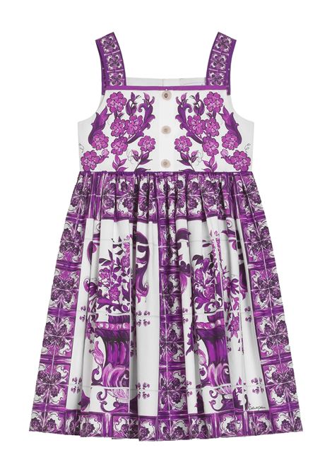 Abito Smanicato Bianco Con Stampa Maiolica Viola DOLCE & GABBANA KIDS | vestitini e tutine | L54DH7-HH5ENIP3TN