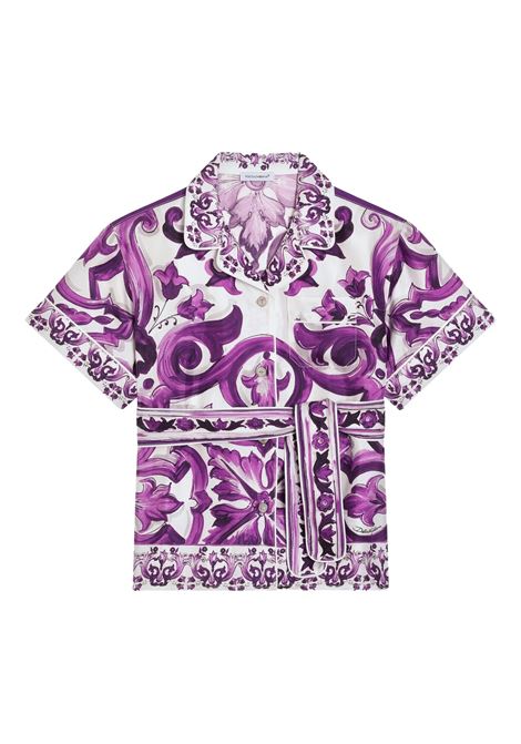 Silk Twill Shirt with Purple Maiolica Print DOLCE & GABBANA KIDS | Shirts | L55S65-HI1TKIP3TN
