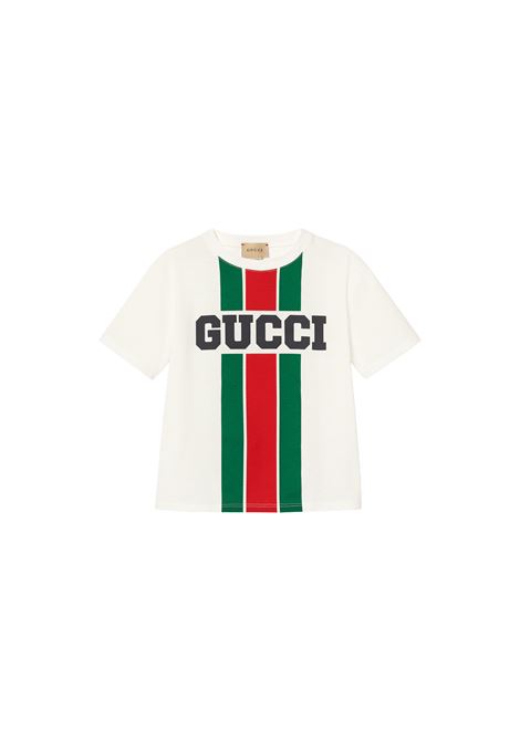 T-Shirt Bianca Con Stampa Gucci Web GUCCI KIDS | T-Shirts | 575114-XJGN79214
