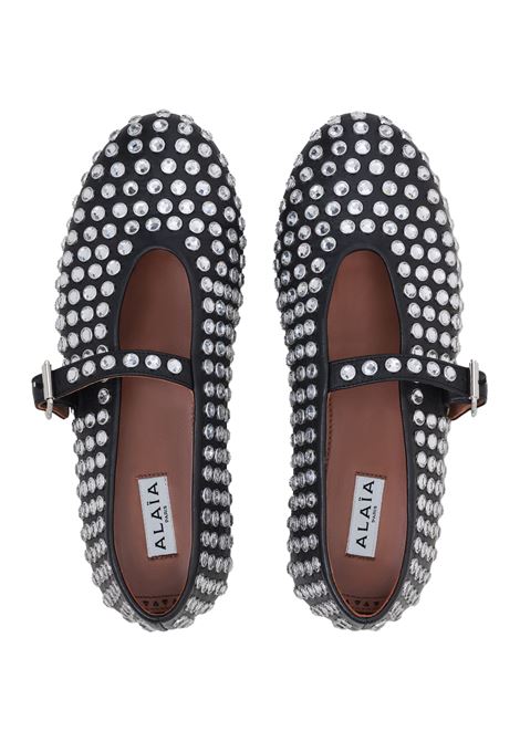 Black Leather Flats Ballerinas With Rhinestones ALAIA | AA3A029CK116999
