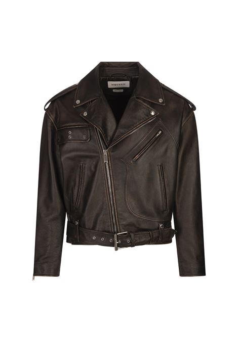 Oversized Biker Jacket in Antiqued Dark Brown Leather ALEXANDER MCQUEEN | Outwear | 824999-Q5APD2122