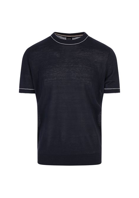 T-Shirt Blu Scuro In Misto Lino Con Profili BOSS | 50537639404