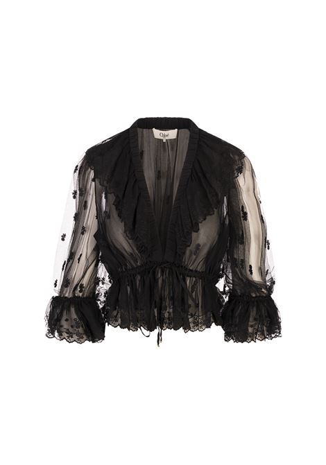 Top Nero Con Volant e Scollo a V In Pizzo Ricamato CHLOÉ | 25UHT26099001