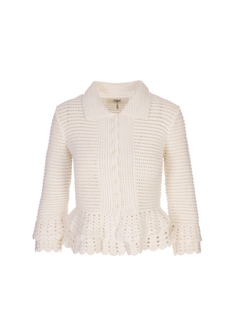 Cardigan Aderente Bianco In Maglia All'Uncinetto Con Volant CHLOÉ | 25UMP05545101