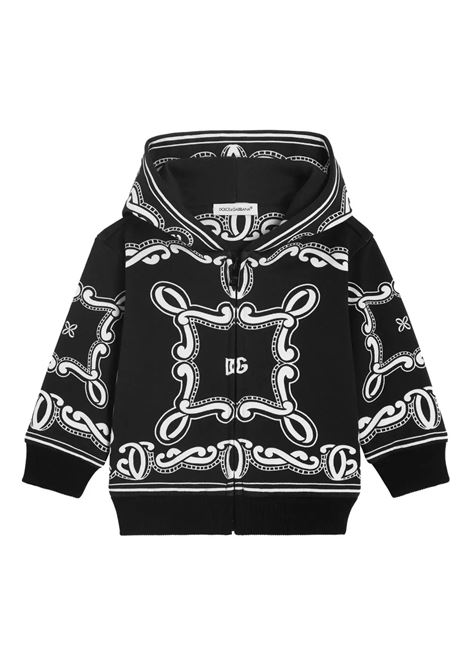 Felpa Zip-Up Nera Con Cappuccio e Stampa Bandana DOLCE & GABBANA KIDS | Felpe | L1JWIT-II7FQHN9RA