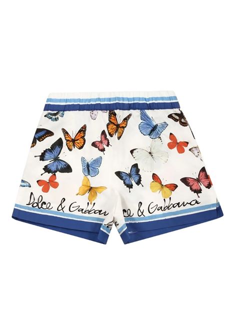 White Poplin Shorts with Multicolored Butterfly Print DOLCE & GABBANA KIDS | Trousers | L23Q34-FI5KSHB5KB