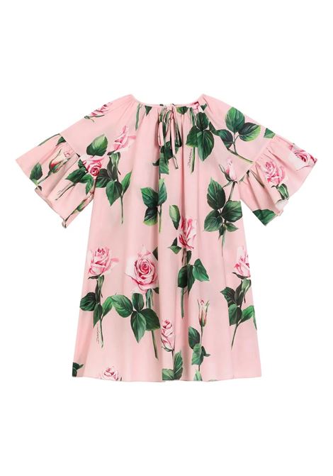 Abito Prendisole In Popeline Rosa Con Stampa Rose DOLCE & GABBANA KIDS | vestitini e tutine | L54DF8-HS5TAHF5IZ