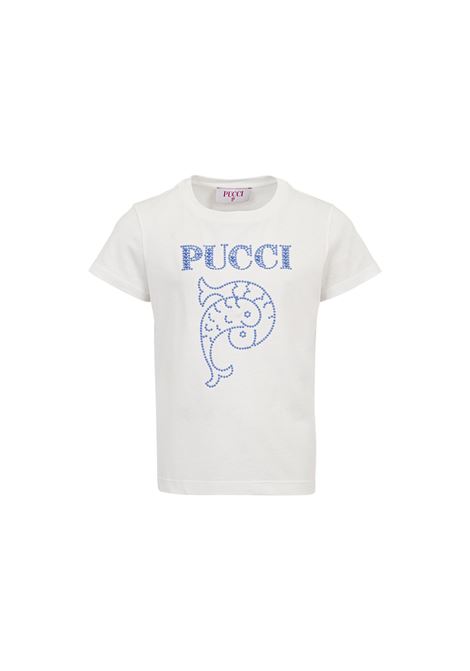 T-Shirt Bianca Con Logo Di Strass Azzurri EMILIO PUCCI JUNIOR | T-Shirts | PW8B61-J0177101
